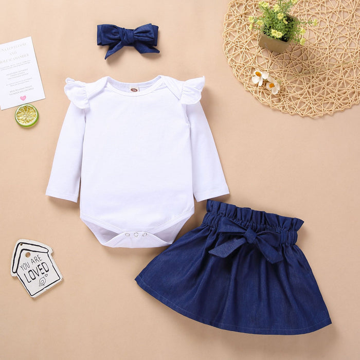 Children's Khaki long sleeve + denim skirt three piece set