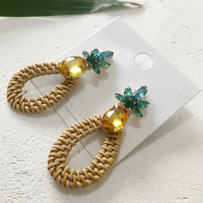 Geometric Round Rhinestone Fruit Pineapple Rattan Earrings