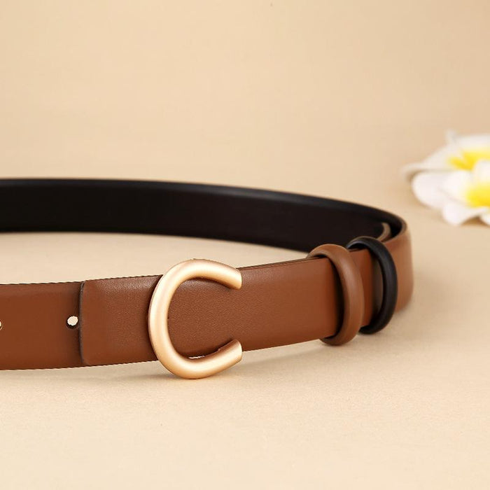 Women's leather belt can be worn on both sides with inner buckle and simple thin belt