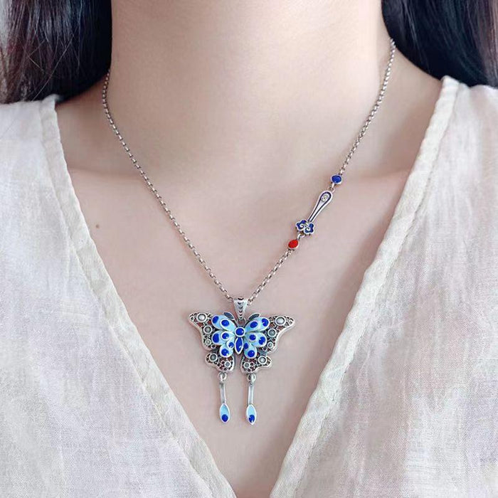 Female Enamel Butterfly Pendant Necklace