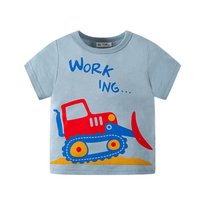 Children's short sleeve T-shirt bulldozer print fashion boys' half sleeve