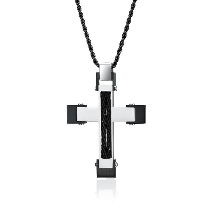 Inlaid Wire Rope Stainless Steel Cross Pendant Necklace