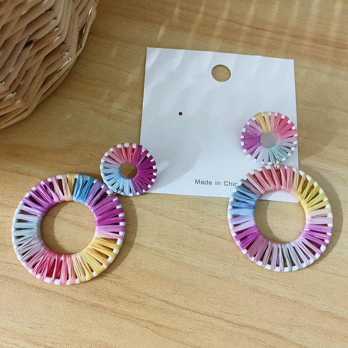 Colorful Lafite Woven Geometric Double Round Earrings Jewelry