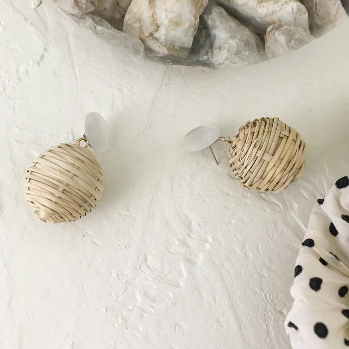 Summer Vacation Water Drop Circular Rattan Earrings