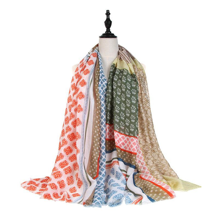 Satin Printed Contrast Stitched Scarf for Sun Protection and Warmth In Spring