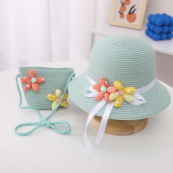 Summer Trendy Flower Streamer Children's Straw Hat Bag Set