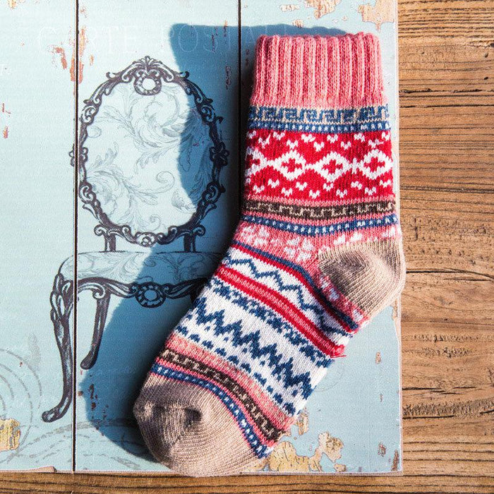 5 Pairs Winter Thick Warm Wool Women Cross Flower Socks