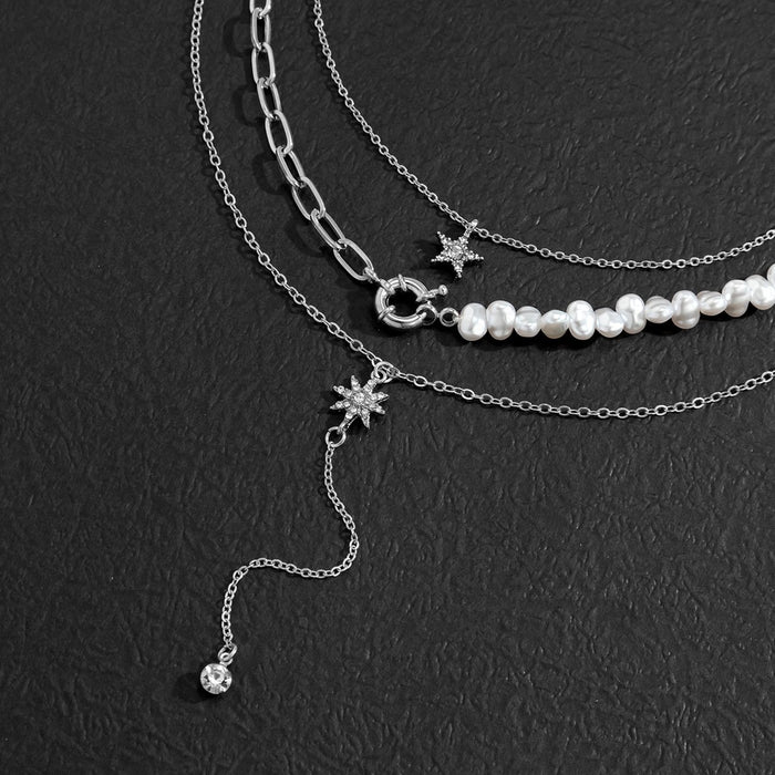 Simple Imitation Pearl Splicing Star Snowflake Pendant Clavicle Chain Set