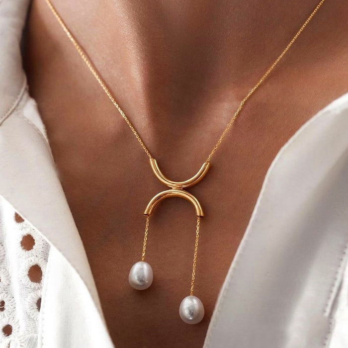 Geometric Semicircle Double Ring Imitation Pearl Tassel Pendant Clavicle Chain