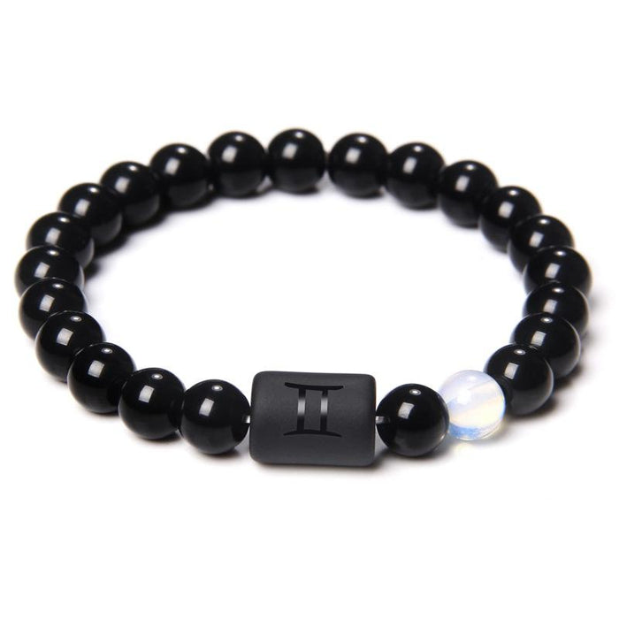 12 Constellation Natural Black Onyx Stone Elastic Bracelet