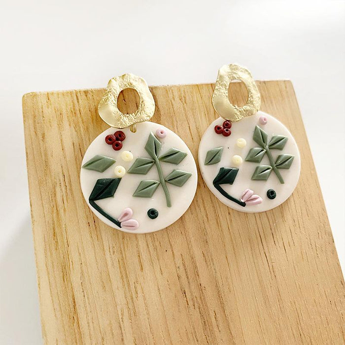 Polymerized Clay Soft Pottery Exquisite Carved Earrings Flower Texture Handmade Earrings Geometric Simplicity
