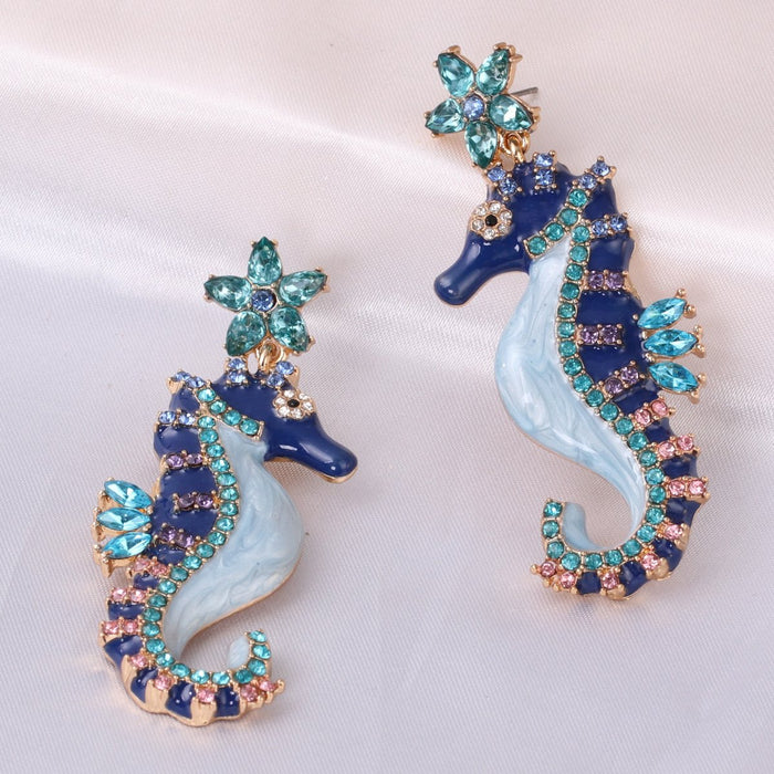 New style personality blue seahorse female Earrings accessories Inlaid Rhinestone