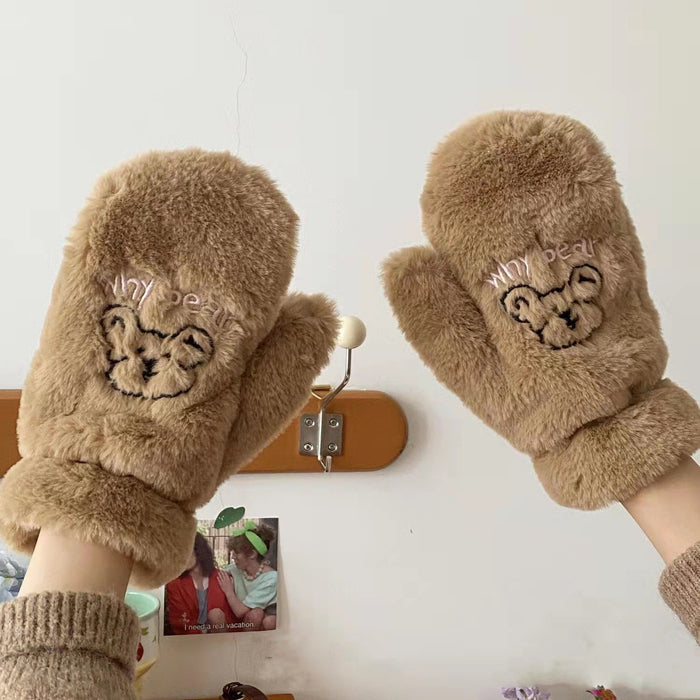 Bear Embroidery Soft Plush Gloves Women Winter Warm