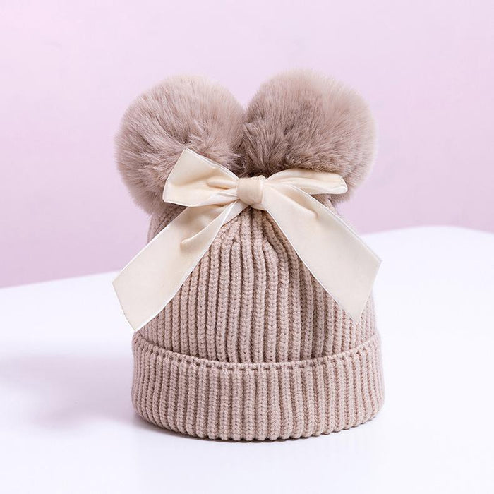 Double Plush Ball Kids Thickened Knit Bow Hat