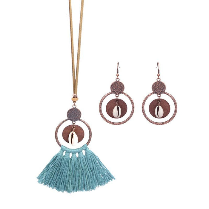 Women's Fashion Hollow Out Tassel Pendant Earring Necklace Set