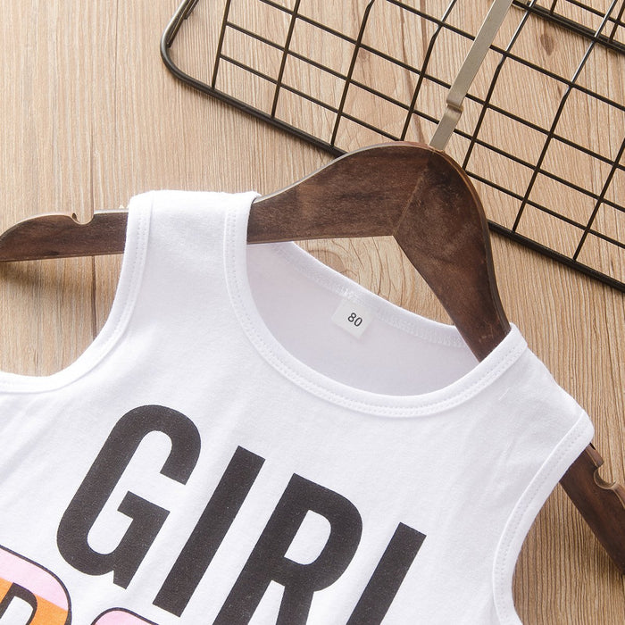 White lettered print vest with holes jeans two piece set