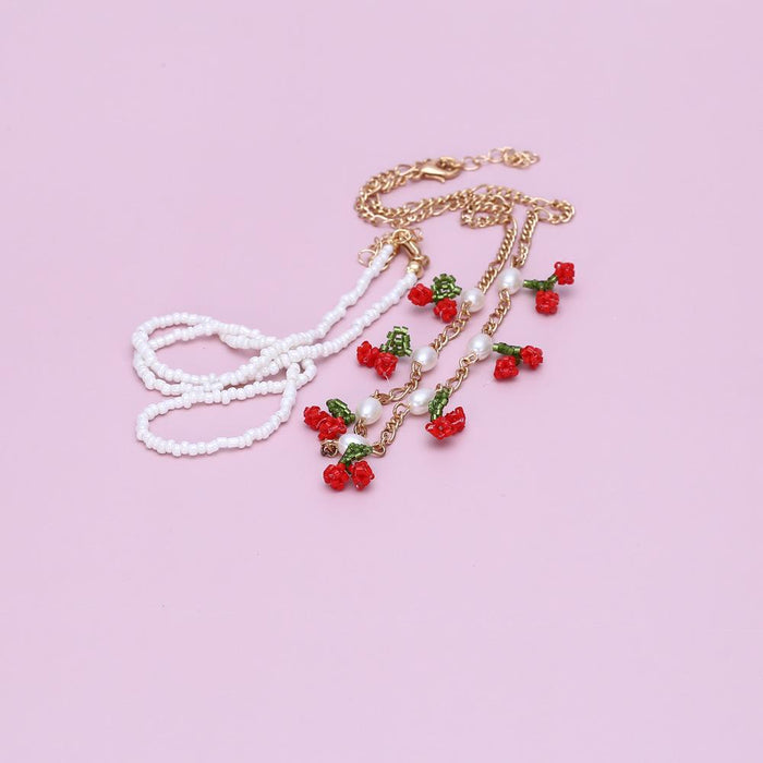 Hand woven rice bead fruit cherry Necklace