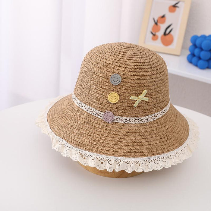 Trendy Three-color Button Children's Lace Straw Hat Bag Set