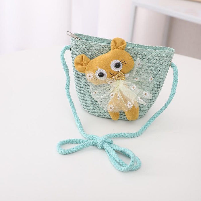 Summer Trendy Lace Cat Children's Grass Bucket Hat Bag Set
