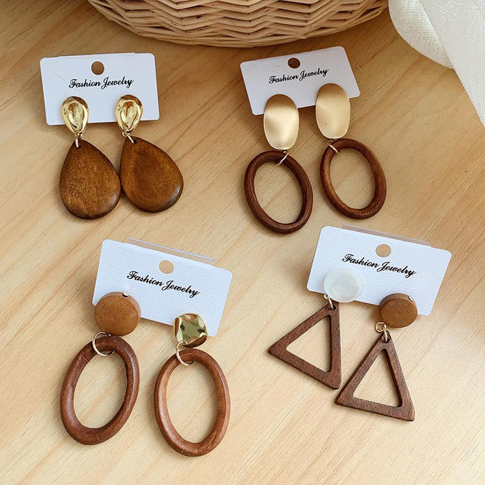 Exaggerated Geometric Wooden Hollow Triangular Earrings Jewelry