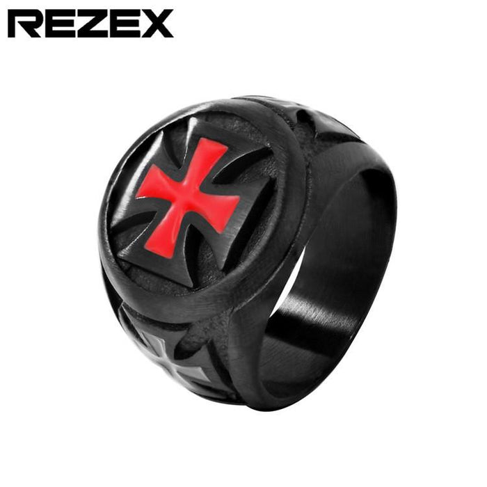 Personality Retro Punk Red Cross Frame Men's Black Titanium Steel Ring