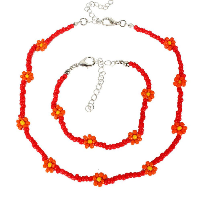 Women's Jewelry Creative Rice Bead Woven Flower Necklace Set