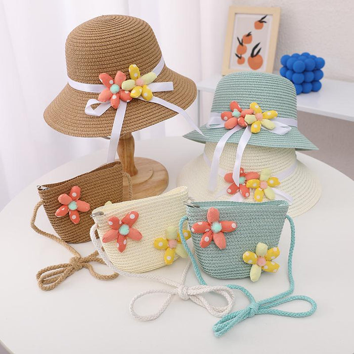 Summer Trendy Flower Streamer Children's Straw Hat Bag Set