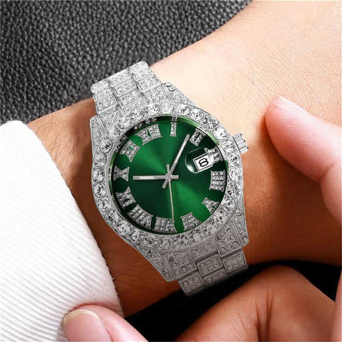 Stainless Steel Watch Big Rhinestone Men's Roman Scale Calendar Hip-hop Watches
