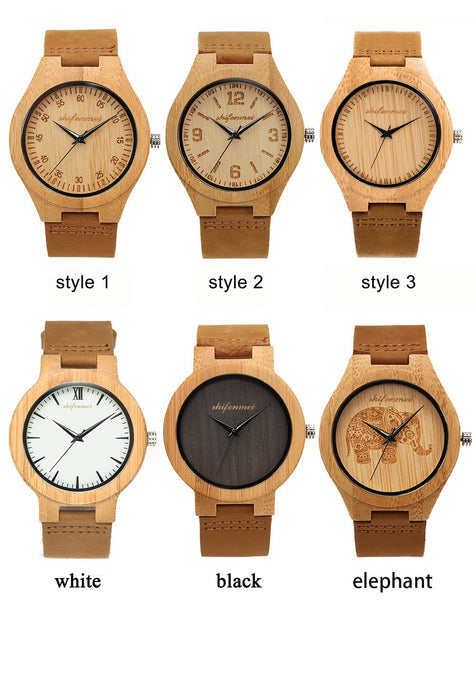 Men's Fashion Simple Bamboo Wood Watch Classic Leather Strap Quartz Watch
