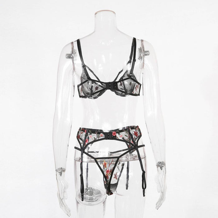 Women's Embroidered Lace Sexy Lingerie Three Piece Set