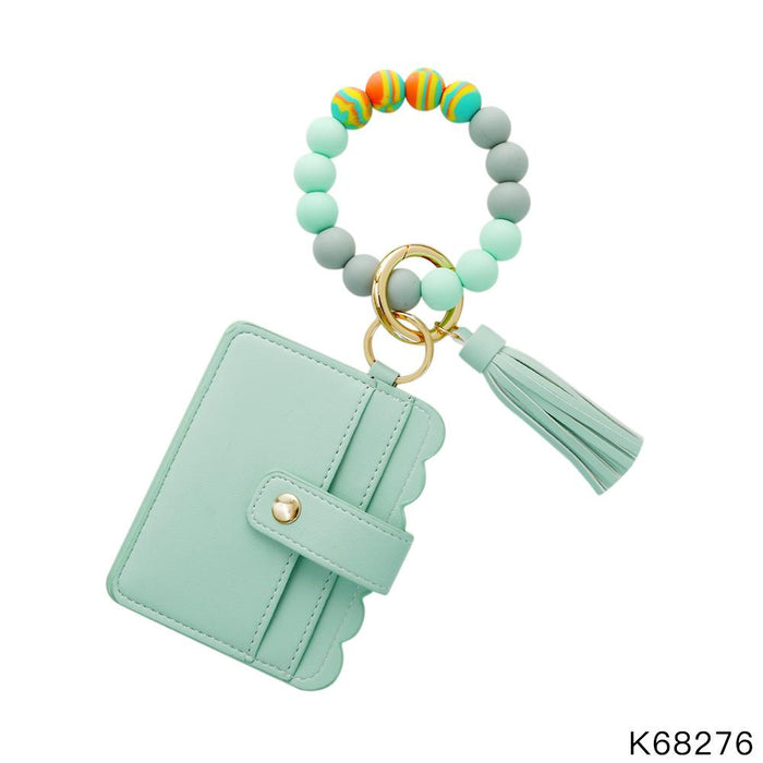 Tassel PU Leather Card Holder Silicone Bead Bracelet Keychain