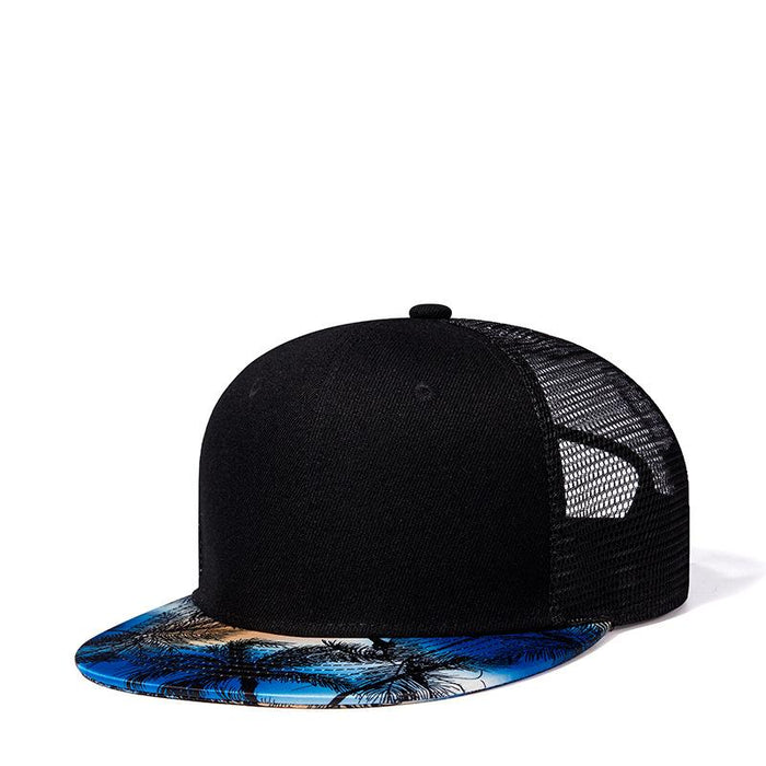 New Mesh Cap Coconut Tree Blue Flat Brim Hip Hop Sun Hat