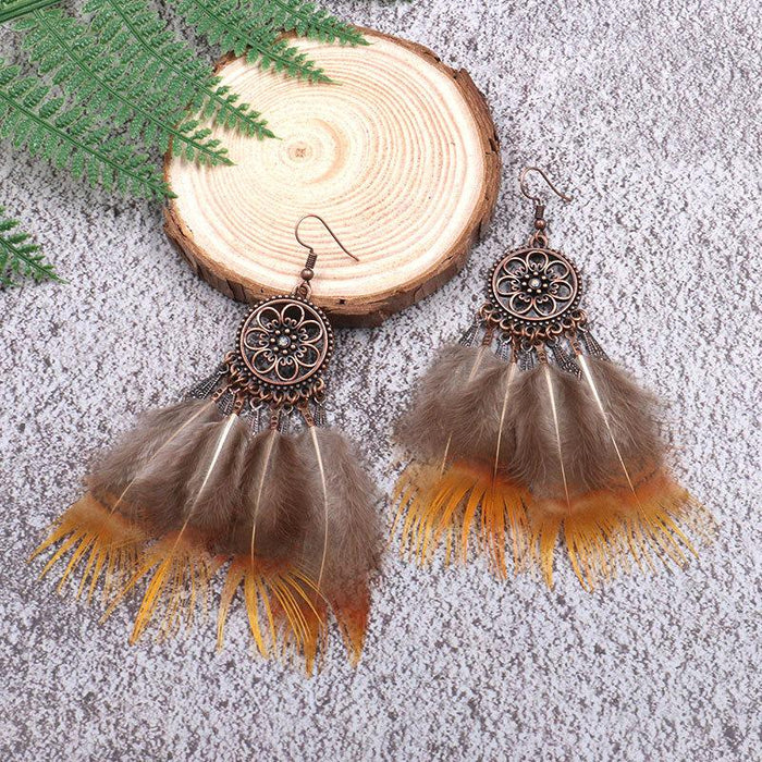 Fashion Flower Alloy Feather Chain Tassel Earrings