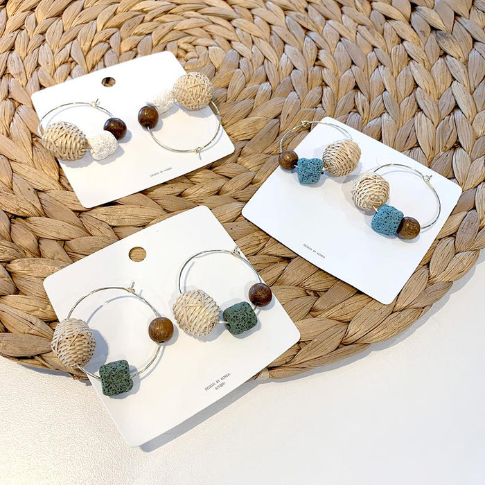 Contrast colour Retro Wood Bead Stone Rattan Earrings