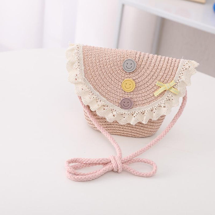 Trendy Three-color Button Children's Lace Straw Hat Bag Set