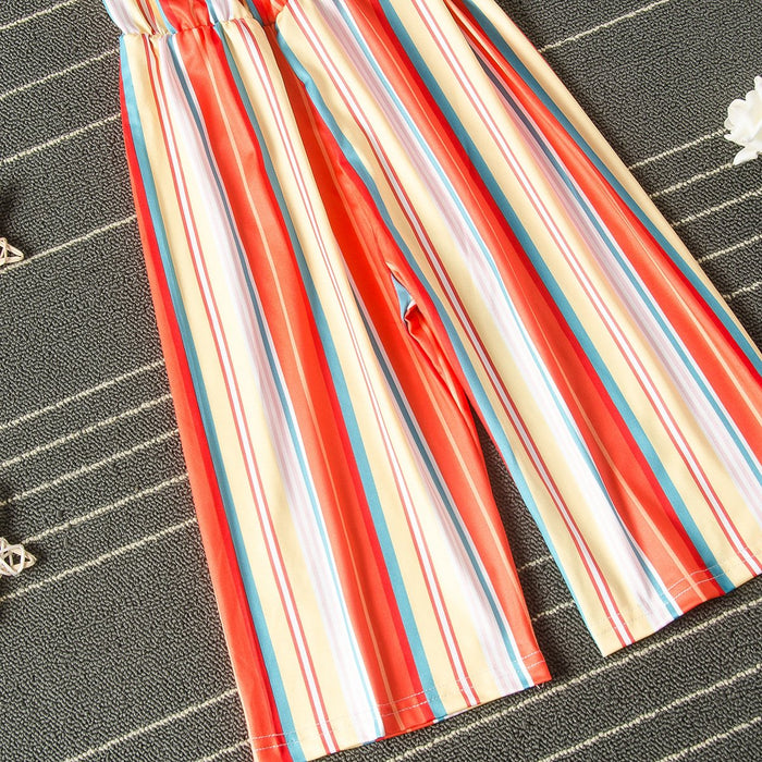 Suspender lace girls' color striped printed wide leg pants BODYSUIT