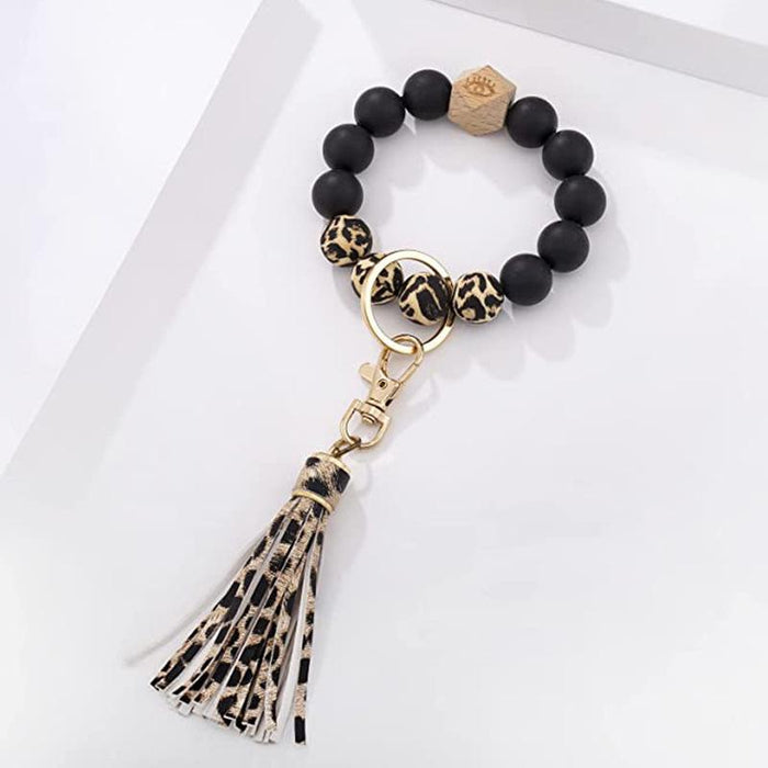 PU Leather Tassel Silicone Bead Bracelet Keychain