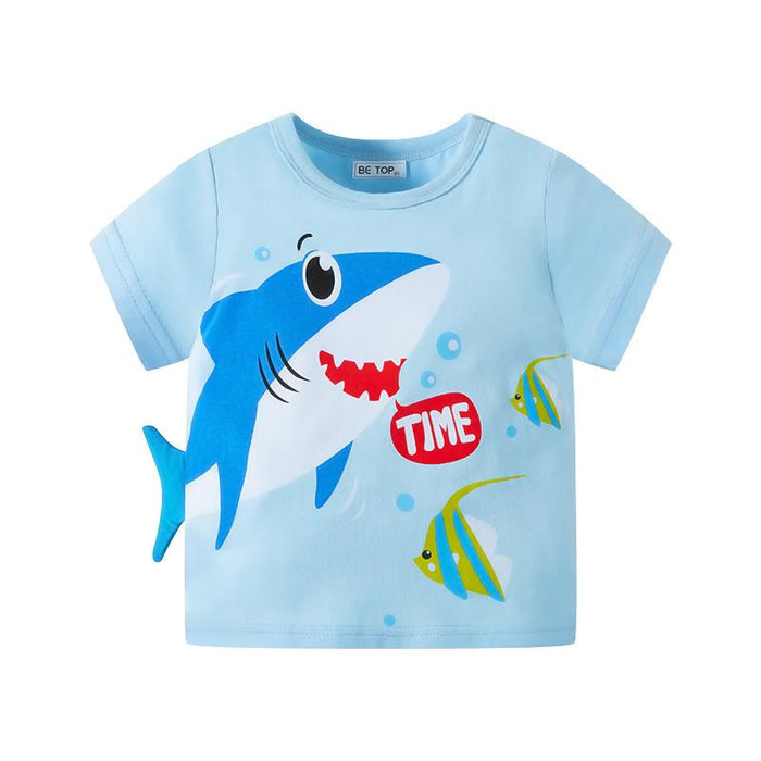 Children's short sleeve cartoon three-dimensional shark Top Boys' cotton T-shirt