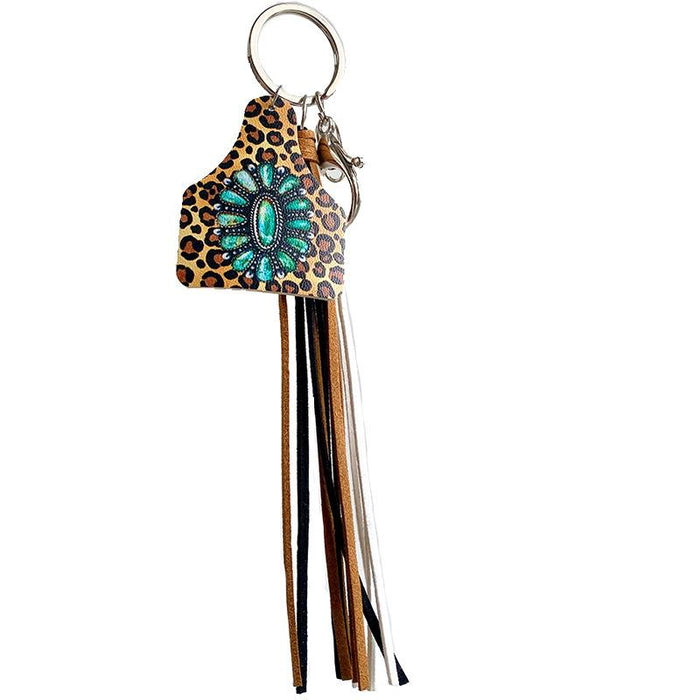 Western Cowboy Key Chain Leopard Leather Tassel Pendant