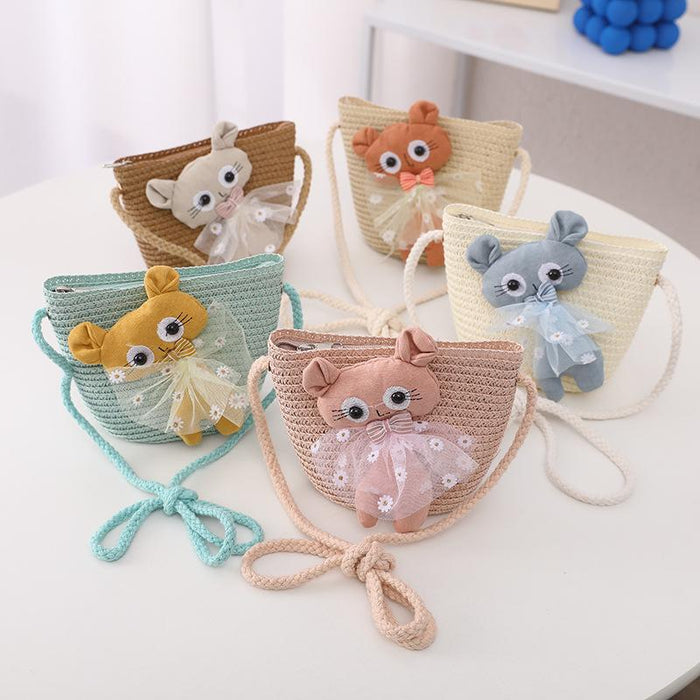 Summer Trendy Lace Cat Children's Grass Bucket Hat Bag Set