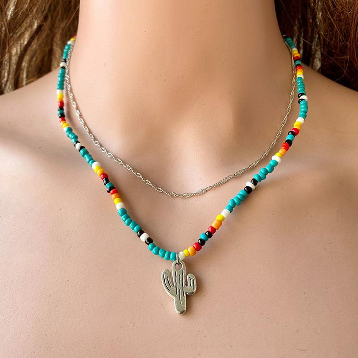Western Style Rice Bead Double-layer Cactus Necklace