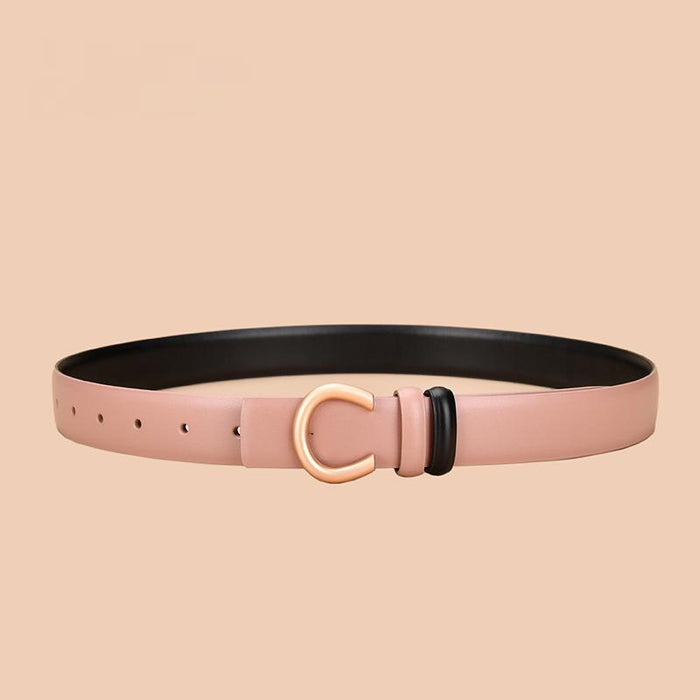 Women's leather belt can be worn on both sides with inner buckle and simple thin belt