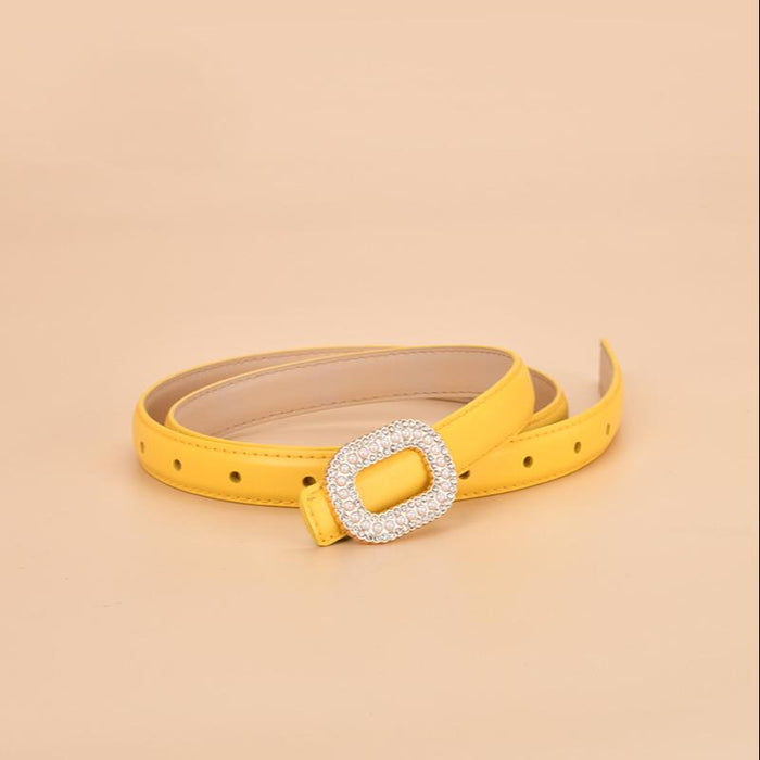 New Women's Inlaid Pearl Rhinestone Round Buckle Leather Belt