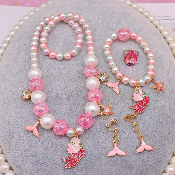 Children's Jewelry Set Lovely Cartoon Beaded Necklace Earring Ring