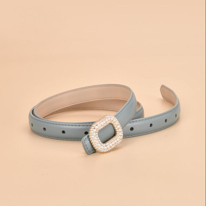 New Women's Inlaid Pearl Rhinestone Round Buckle Leather Belt
