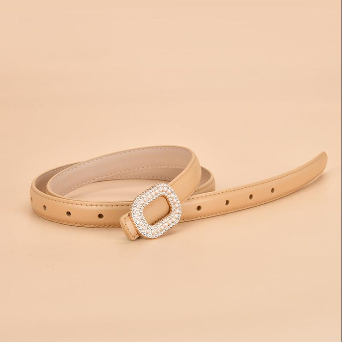 New Women's Inlaid Pearl Rhinestone Round Buckle Leather Belt