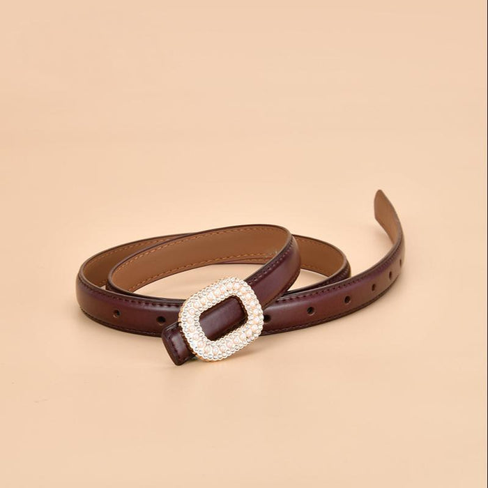 New Women's Inlaid Pearl Rhinestone Round Buckle Leather Belt