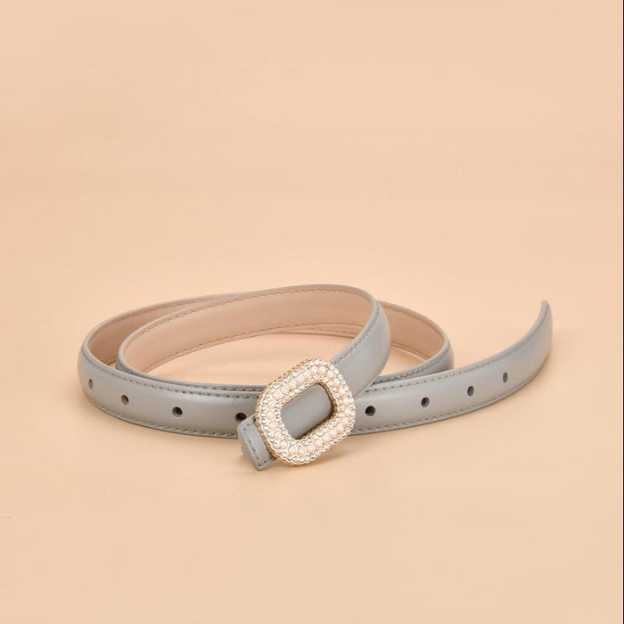 New Women's Inlaid Pearl Rhinestone Round Buckle Leather Belt