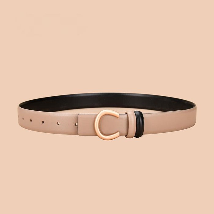 Women's leather belt can be worn on both sides with inner buckle and simple thin belt