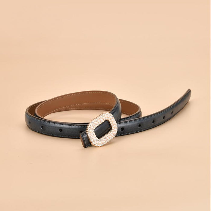 New Women's Inlaid Pearl Rhinestone Round Buckle Leather Belt